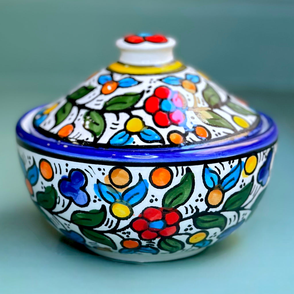 Handmade Ceramic Zibdiya bowl with lid - Colorful Floral 11,5 cm