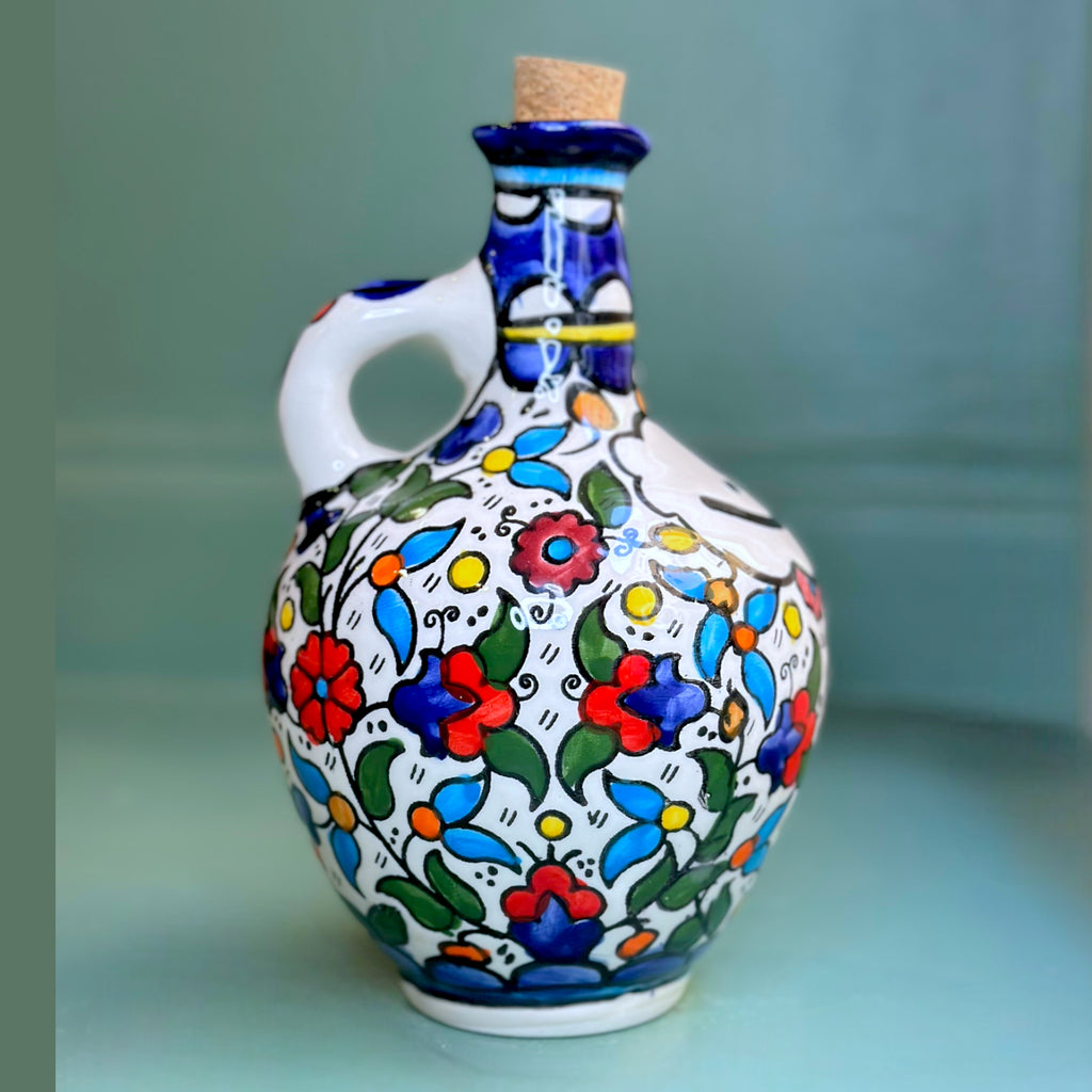 Handmade Ceramic Olive Oil Jug – Colorful Floral