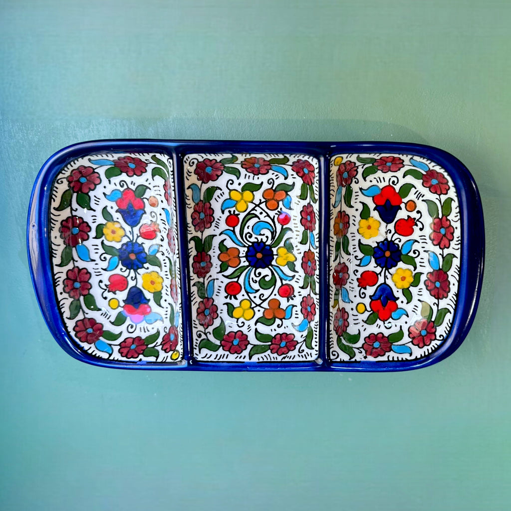 Handmade 3 section Ceramic dish - Colorful Floral 25 cm * 13 cm