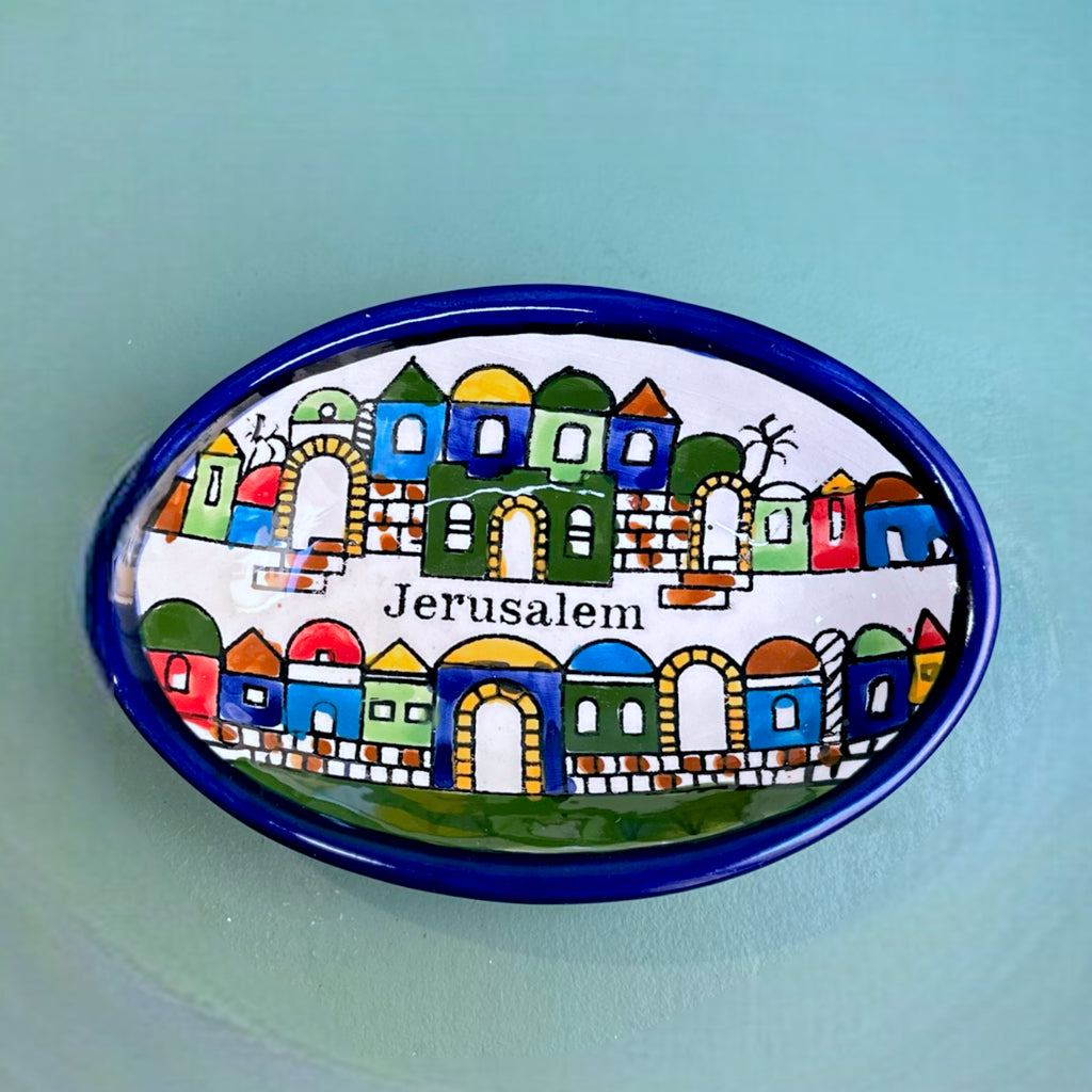 Handmade Ceramic Oval Dish - Jerusalem City 17 Cm