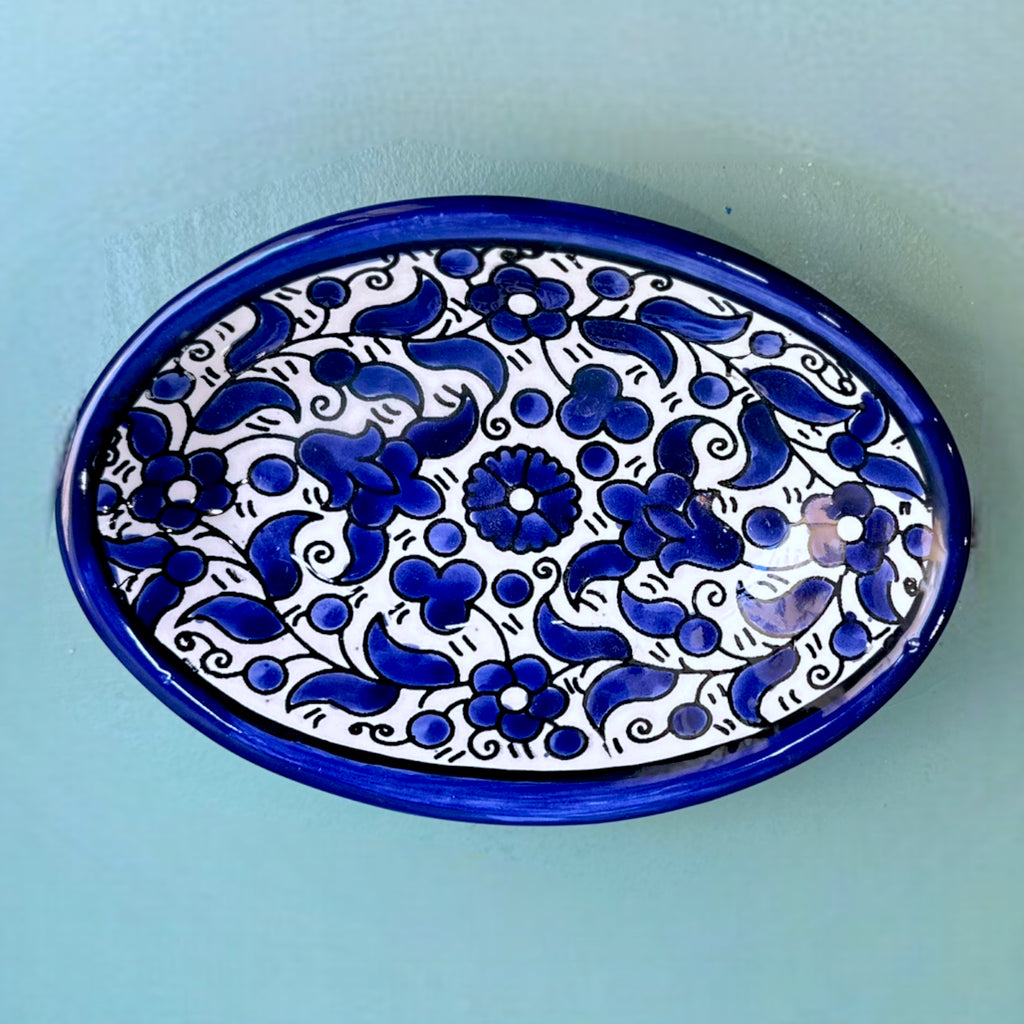 Handmade Ceramic Oval Dish - Navy Blue Floral 17 cm